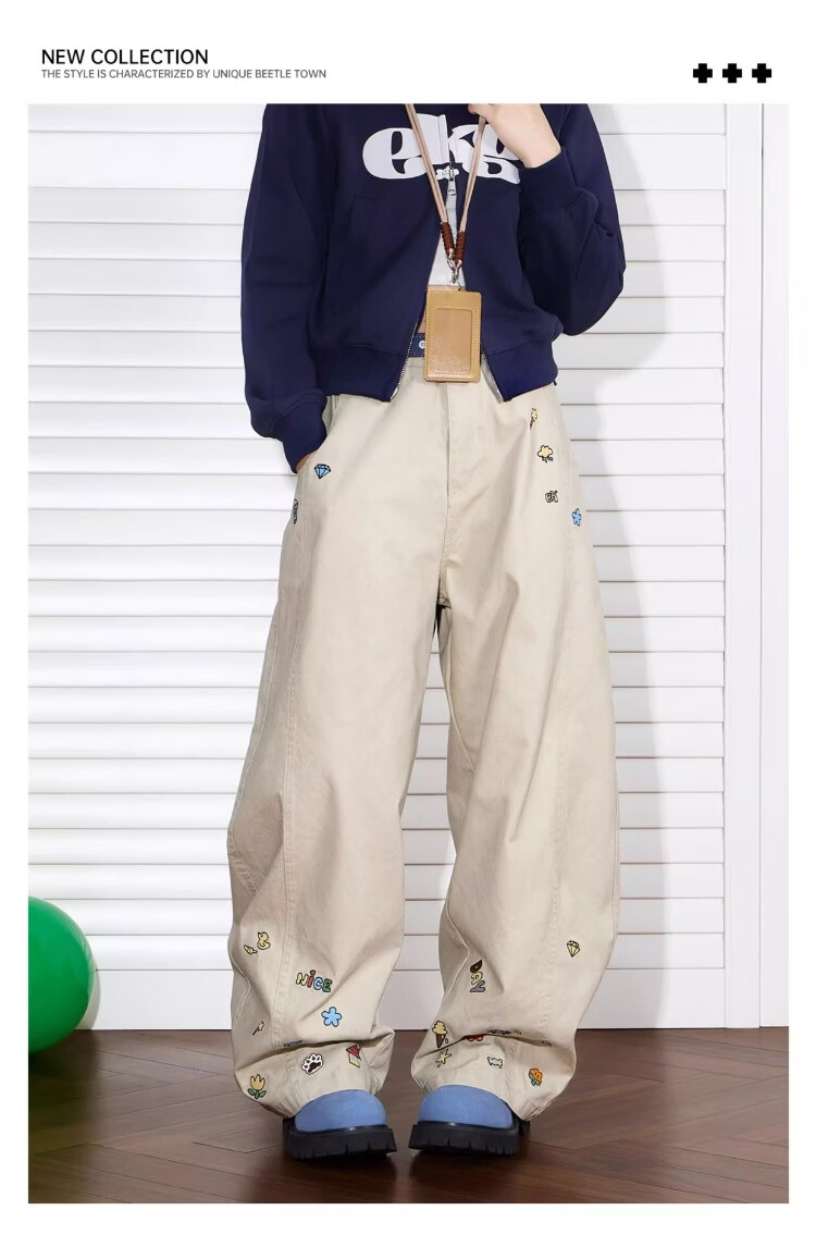 BEETLE TOWN Cartoon Embroidered Casual Pants for Women Spring Autumn 2025 New Loose Wide-Leg Curved Blade Pants Black M 1