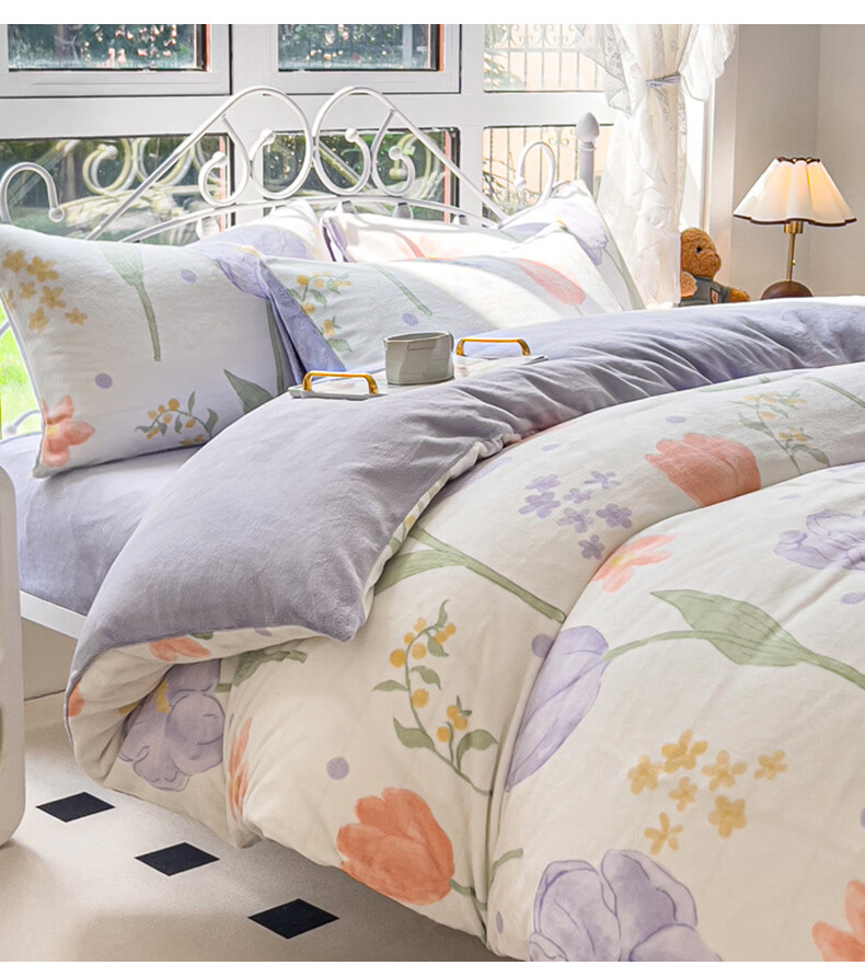 Grace Milk Velvet Three-Piece Set, Thick Flannel Student Dormitory Single Duvet Cover 150*200cm - Classic Gray + Champagne 8