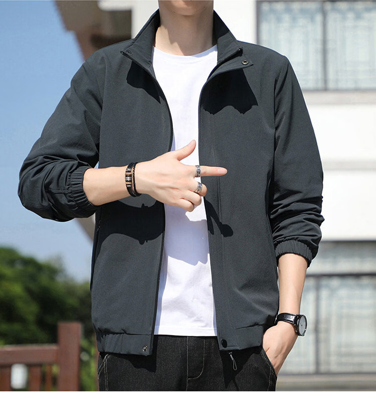 TUCANO Men's Jacket Spring Autumn Stand Collar Casual Loose Trendy Workwear Black L 4