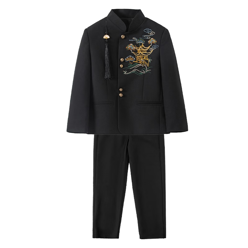 Romon Boys New Chinese Style Suit Jacket Tang Suit China Style Zhongshan Suit Children's Suit Performance Outfit Black 150