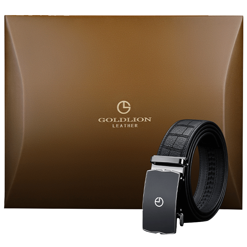Goldlion Men's Leather Belt with Automatic Buckle, High-End Wooden Gift Box, Deerhide And Cowhide Trouser Belt, Birthday Gift
