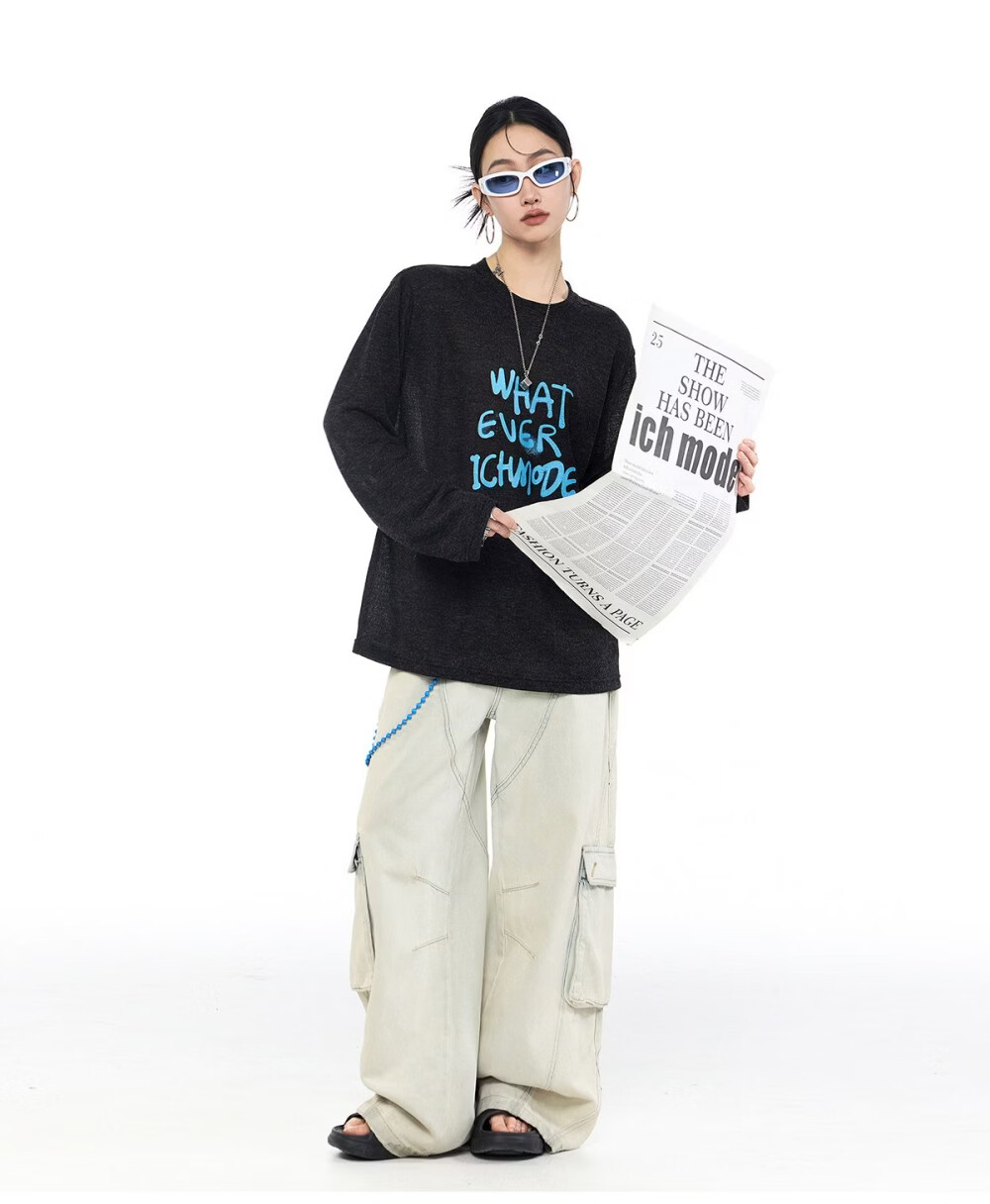 ICH MODE American Style Lightweight Long Sleeve T-Shirt Women 2026 New Spring Summer Physical Sun Protection Loose Top Blue M 20