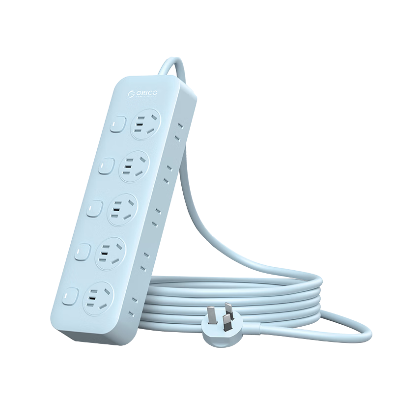 ORICO New National Standard Split Control Power Strip 10 Outlets with Switch, 2m Blue Cable, for Computer Desk Lamp Bedroom Bedside Use