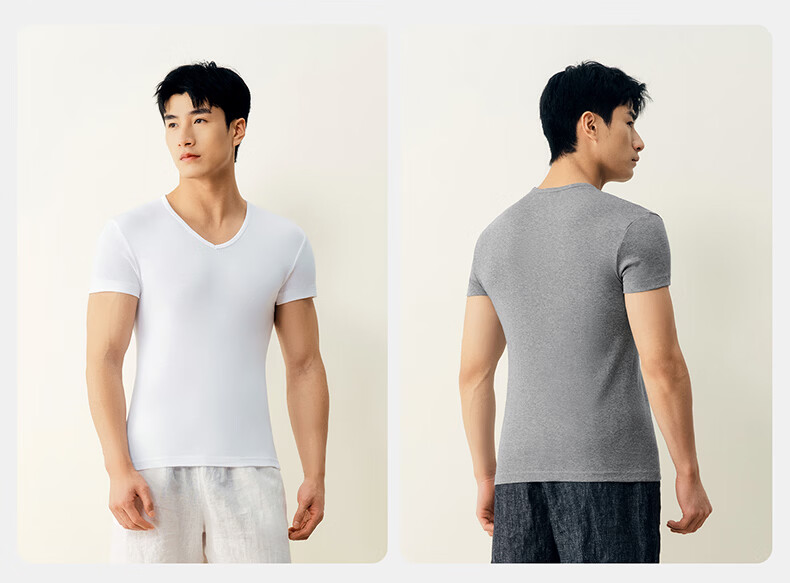 Threegun Men's V-Neck T-Shirt [7A Original Yarn Antibacterial] Pure Cotton Ribbed Stretch Basic Short Sleeve Undershirt (2-Pack) 18