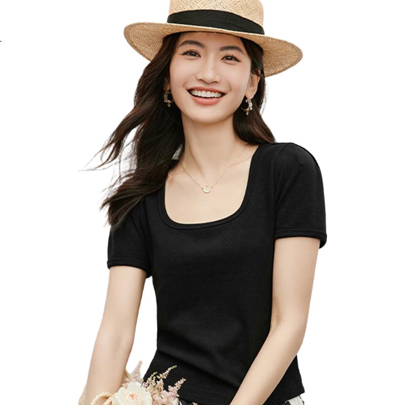 Woodpecker Women's Square Neck Short Sleeve T-Shirt 2025 New Spring Summer Casual Slim Fit Solid Color Top Black L