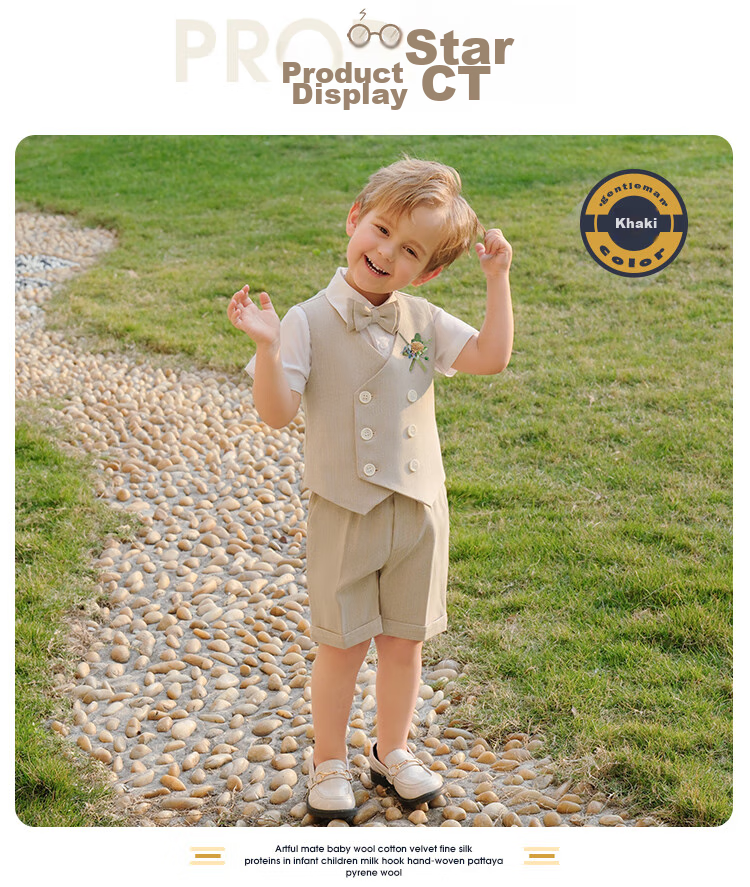 LUOBOBEIBEI Children's Suit, Korean-Style Vest And Shorts Set, Boys' Festive Outfit for Visiting Elders, Khaki Four-Piece Set, Size 140 2