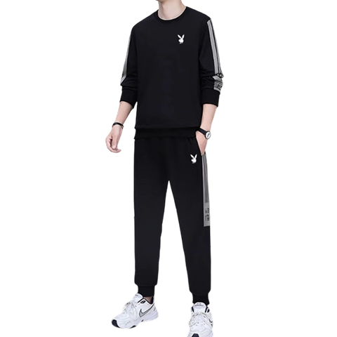 Playboy Men's Long Sleeve T-Shirt and Pants Set Spring Autumn Casual Sports Two-Piece Black 2XL