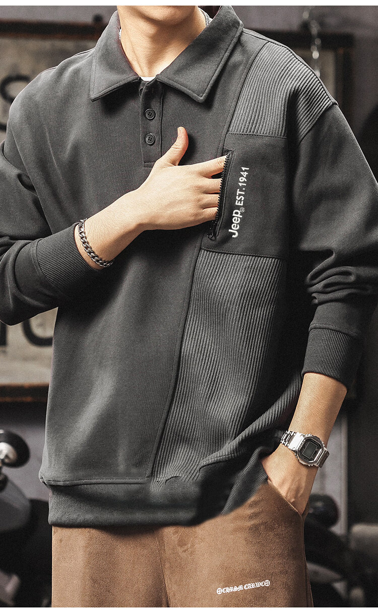 JEEP Men's Heavyweight Long Sleeve Polo Sweatshirt Spring Autumn Black XL 13