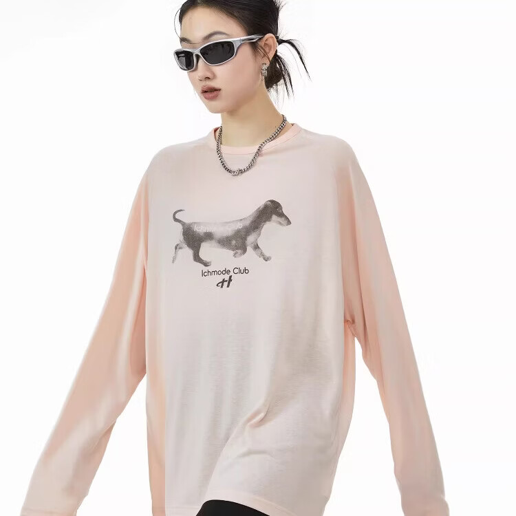 ICH MODE American Style Physical Sunscreen Lightweight Cooling Cover Shirt Women Spring Summer New Loose Long Sleeve T-Shirt Top Pink S