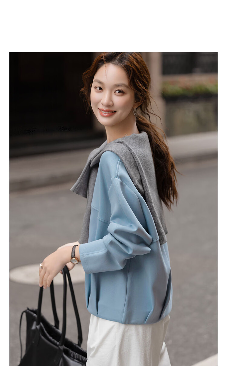 Demana Soft Air Layer Spring Elegant Crew Neck Design Segmented Pleated Wide Shoulder Petite Women's Sweatshirt 10