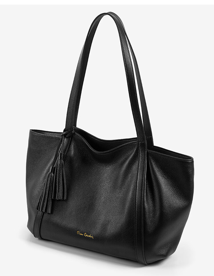 Pierre Cardin Women's Bag 2026 New First Layer Cowhide Large Capacity Commuter Tote Bag Women's Day Gift Black Gift Box Set 2