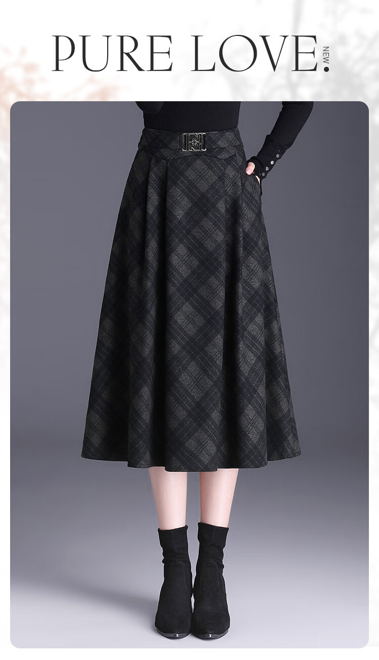 Bailuyu Elegant Vintage Plaid High-Waist Long A-Line Skirt Black Gray Check S 1