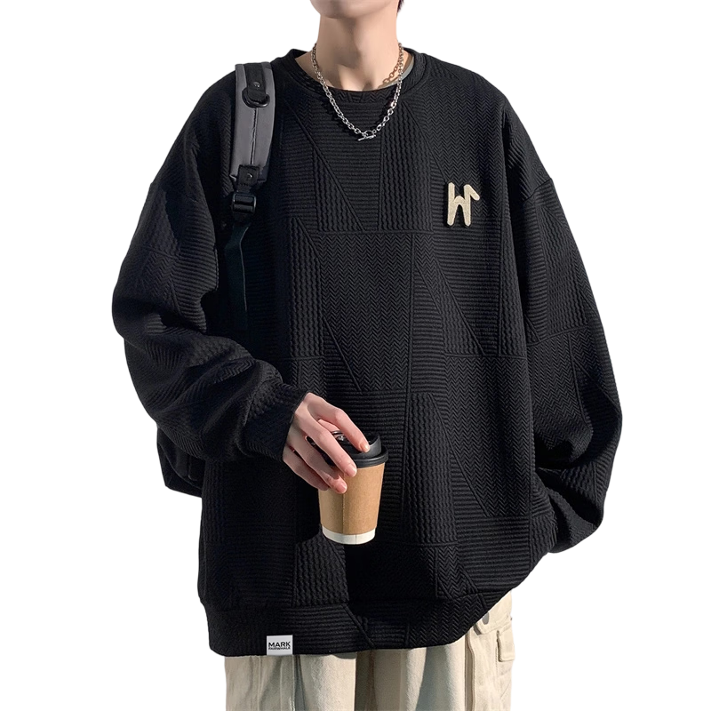 MARK FAIRWHALE Men's Sweatshirt Spring and Autumn Trendy Brand Crewneck Jacket Plus Size Loose Fit Black XL