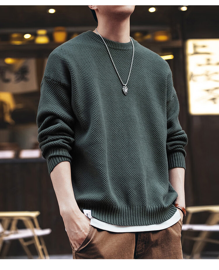 JEEP Men's Winter Loose Fit Crew Neck Premium Knit Sweater Inner Layer Military Green L 6
