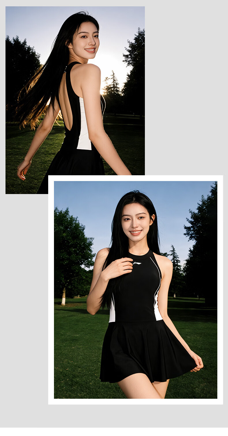 LI-NING Women's Premium 2026 New One-Piece Skirt Style Slim Halter Neck Swimsuit Swimwear 0821 Black L 15