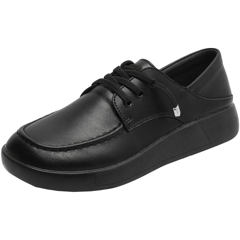 MULINSEN Women's Leather Shoes, Spring And Summer Casual White Sneakers, Flat Loafers, Slip-On Soft-Soled Mom Shoes, Black, Size 38