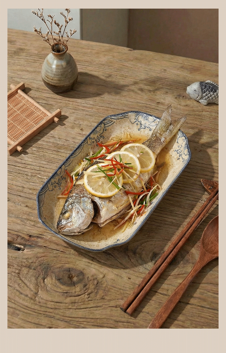 Youlaifu Ceramic Fish Plate 12 Inch Large Household Steaming Fish Dish Dumpling Plate Microwave Safe Underglaze Color 3
