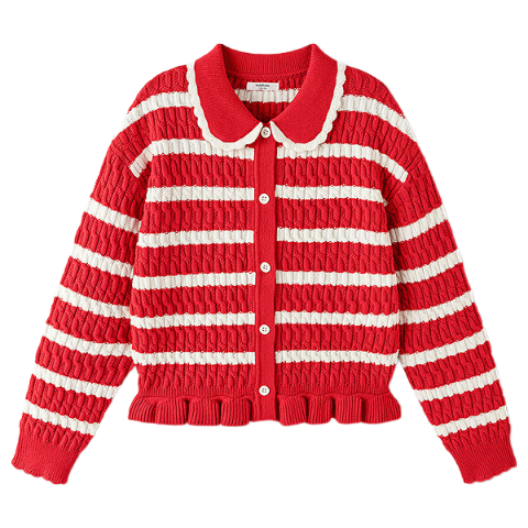 Balabala [balaOne] Girls' Red Knit Cardigan with Collar Autumn Winter New Year Outfit