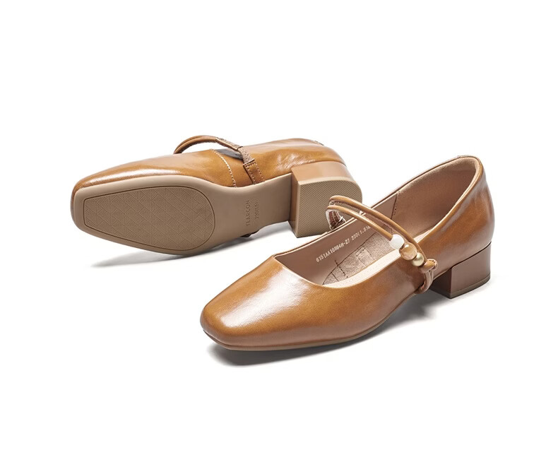 Eierkang Women's French Mary Jane Shoes Gentle Evening Style Low-Cut Chunky Heel Leather Shoes 16864W Yellow Brown Size 39 14