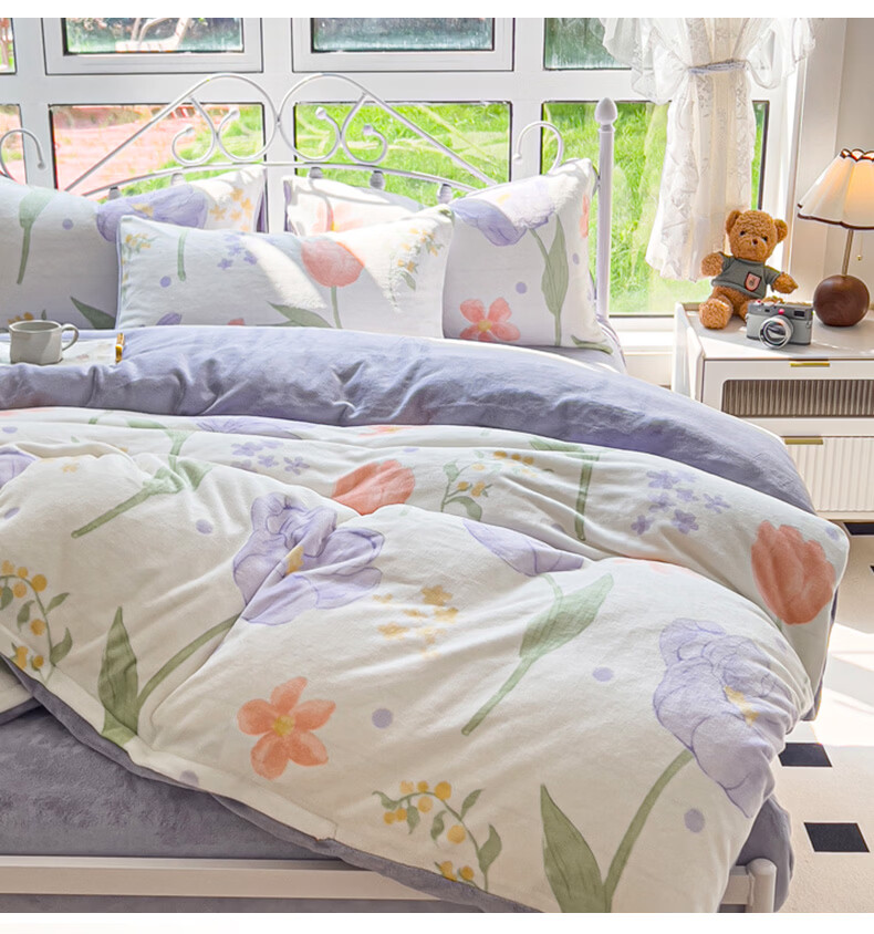 Grace Milk Velvet Three-Piece Set, Thick Flannel Student Dormitory Single Duvet Cover 150*200cm - Classic Gray + Champagne 3