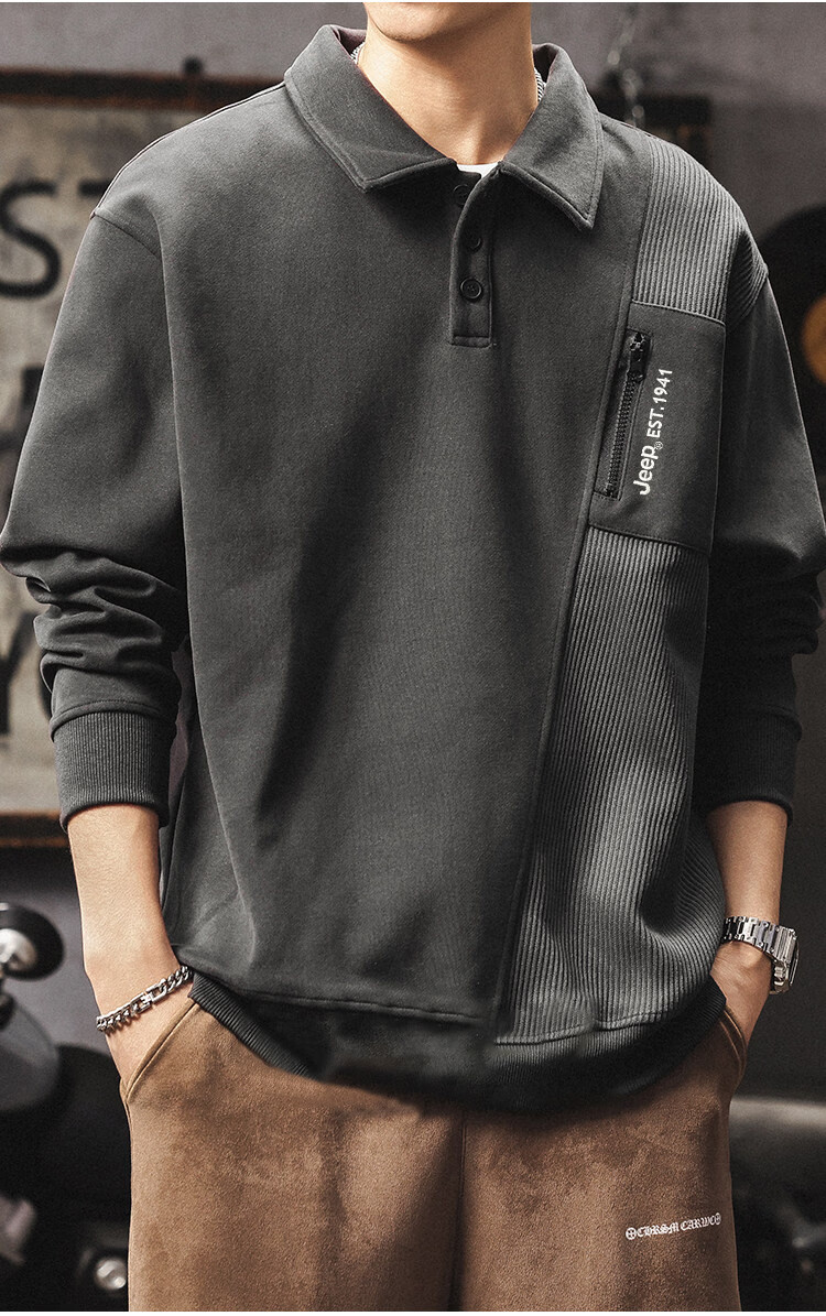 JEEP Men's Heavyweight Long Sleeve Polo Sweatshirt Spring Autumn Black XL 11