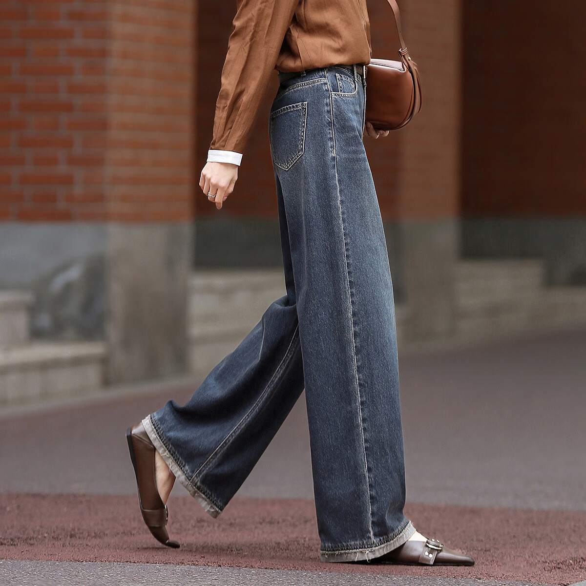Demana Selected Cloud Cotton Spring Mid-High Waist Hand-Washed Straight Wide-Leg Color-Block Women's Jeans for Petite