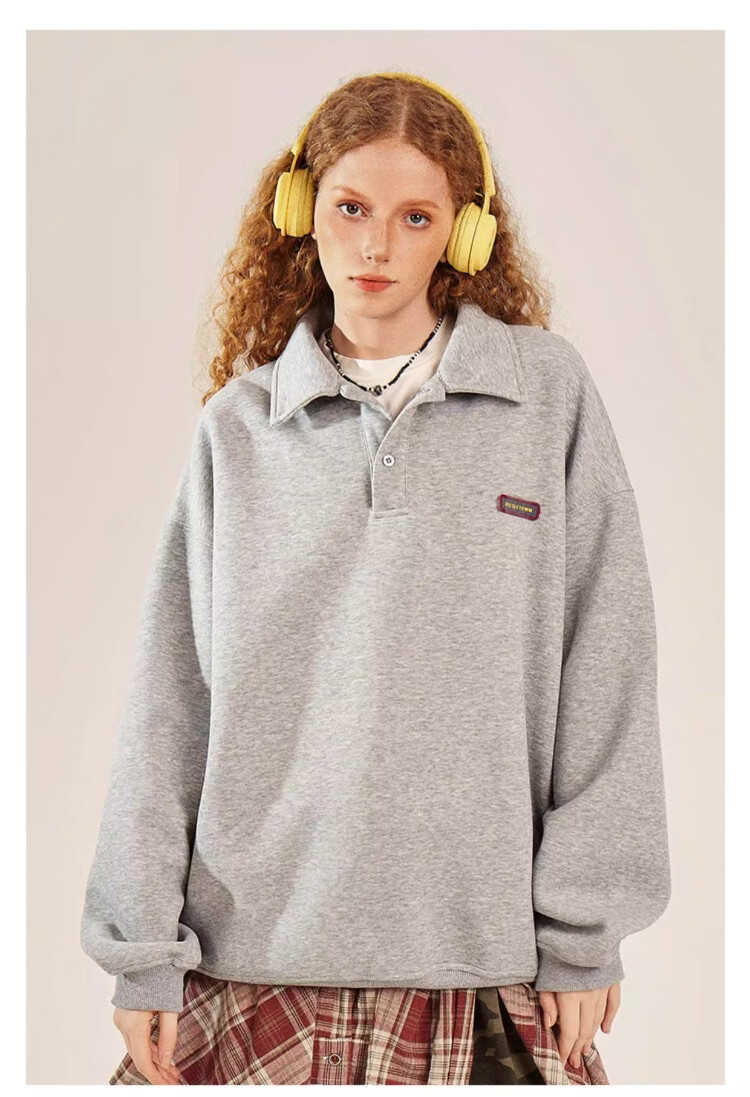 BEETLE TOWN Minimalist Casual Polo Collar Sweatshirt Women Spring New Couple Long Sleeve Collared Jacket Navy Blue S 13