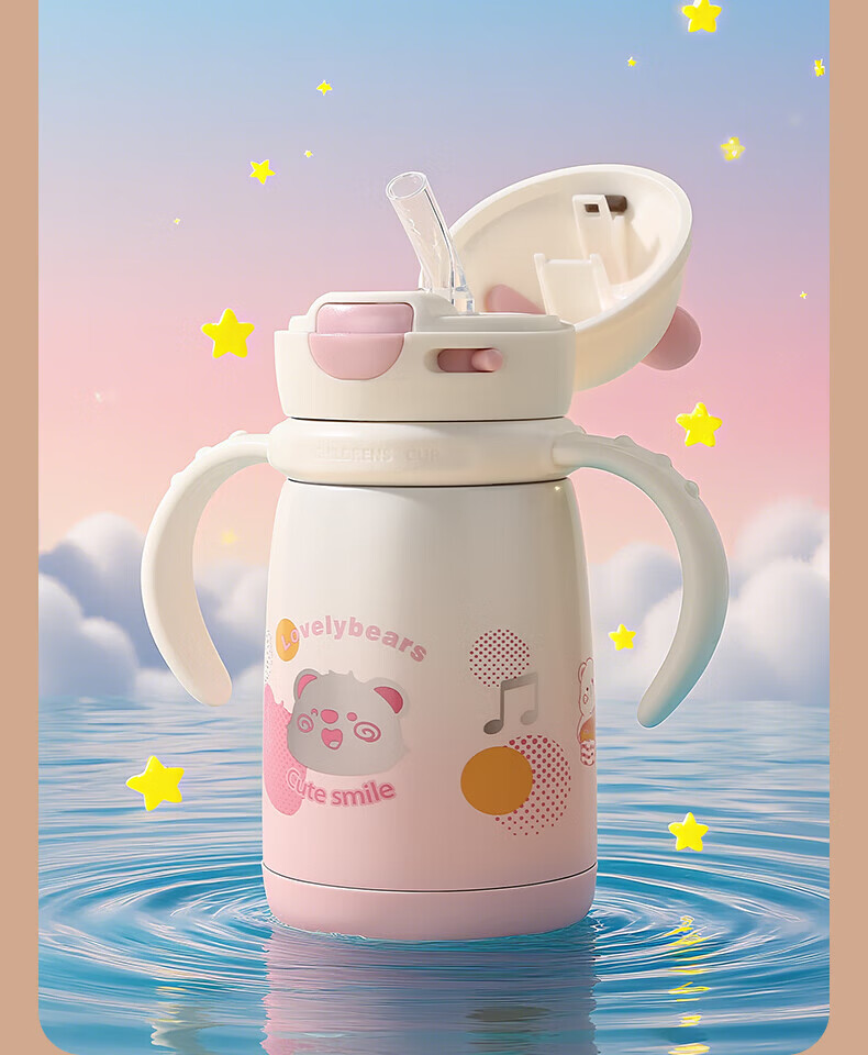 Licheers Children's Insulated Straw Cup for 1-3 Years Old Baby, Student Water Bottle, Baby Drinking Insulated Cup, Light Pink 8