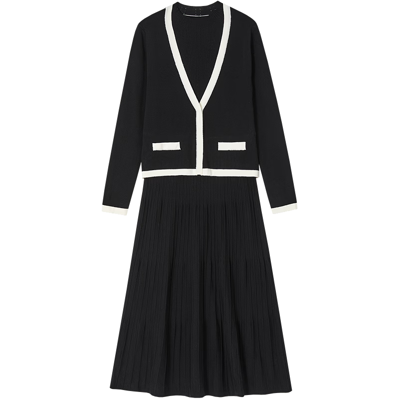 Demana [Fragrant Breeze] Winter Faux Two-Piece Color-Block Lambswool A-Line Knit Dress for Women Long Length