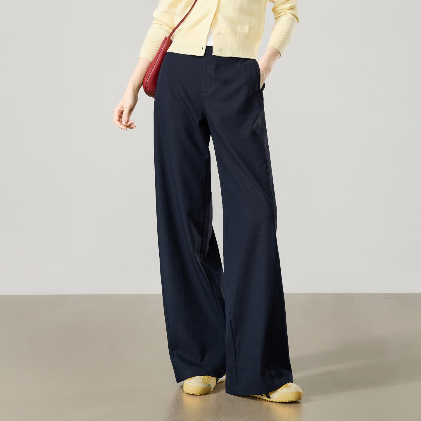 ESE-Y Wrinkle-Resistant Titanium Cotton Wide-Leg Pants for Women Spring 2026 New High-Waist Side Split Loose Straight Casual Pants Navy Blue Size 27
