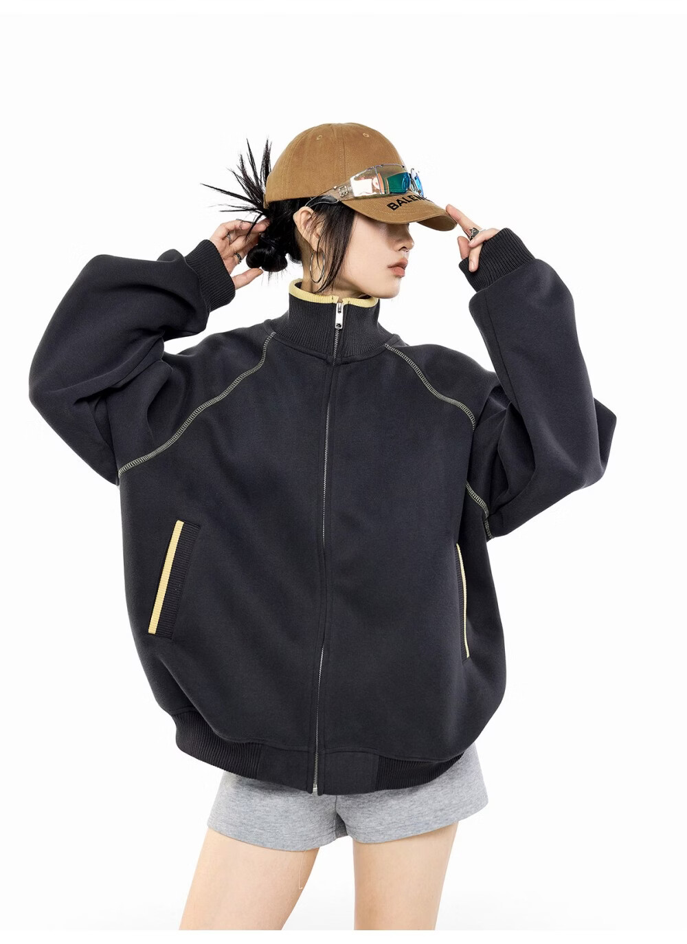 ICH MODE American Style Hassel Corduroy Sports Jacket Women 2026 Spring New Loose Cardigan Sweatshirt Zipper Top Dark Gray XL 45