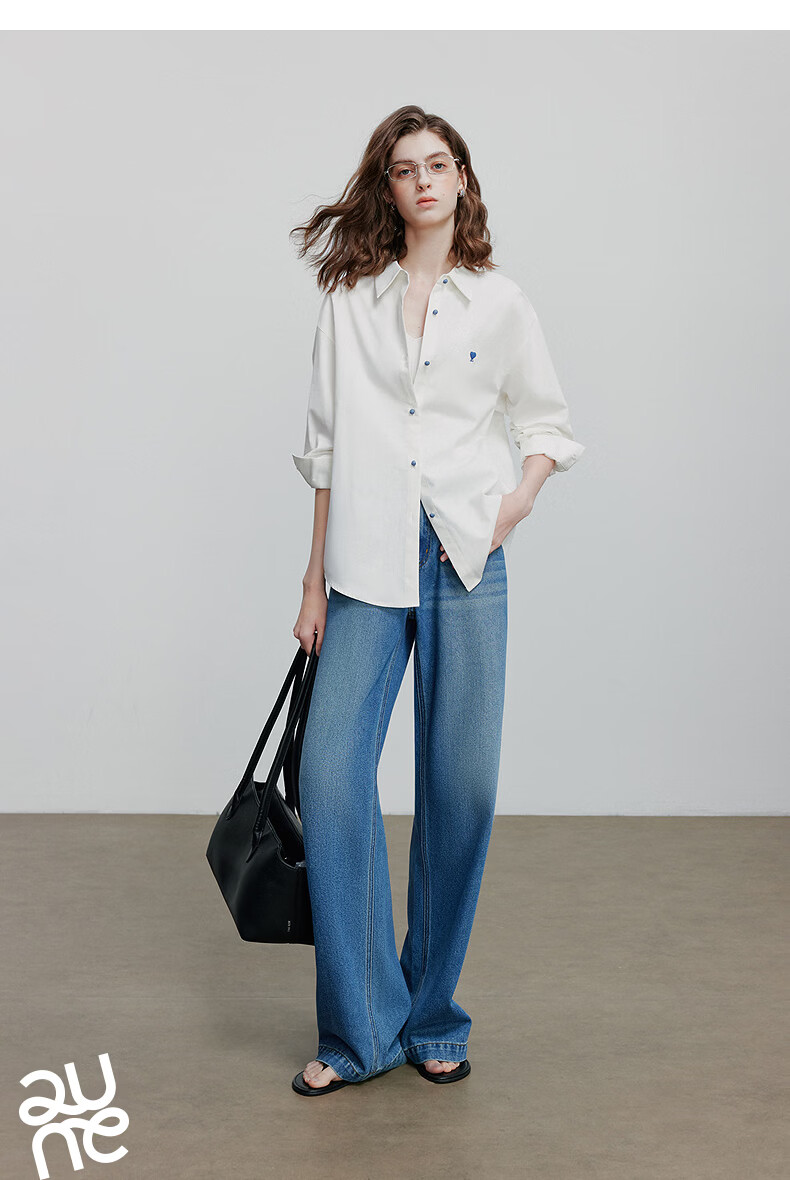 Chuyua Heart Embroidery Shirt Women 2025 Autumn New Simple Versatile Solid Color Pure Cotton Blouse White L 24