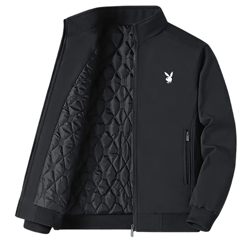 PLAYBOY Men's Autumn Winter Jacket Business Casual Stand Collar Thick Warm Versatile Coat Black 4XL