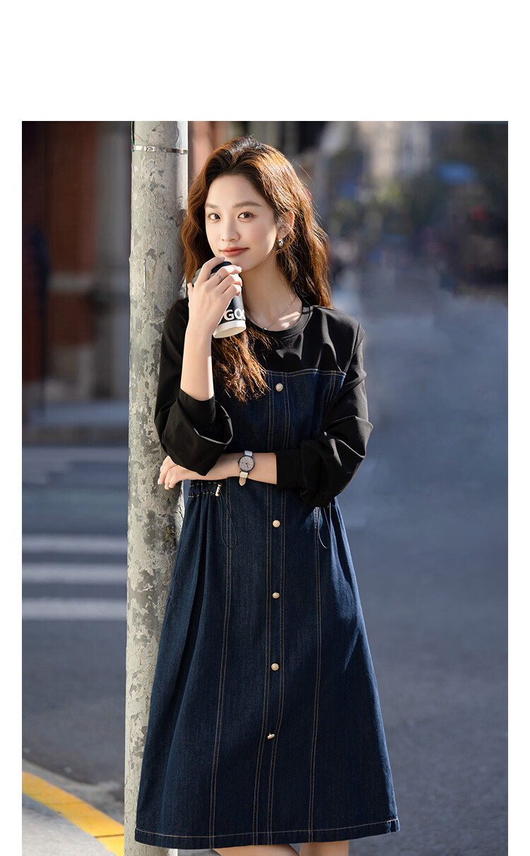 Demana [Cloud Oxygen Cotton Blend] Spring Korean Style Urban Elastic Waist Contrast Stitching Denim Loose Fit Women's Dress 10