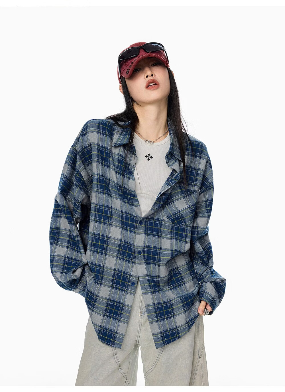ICH MODE Women's American Style Blue Plaid Shirt Spring New Loose Casual Long Sleeve Shirt Jacket Top Blue L 23