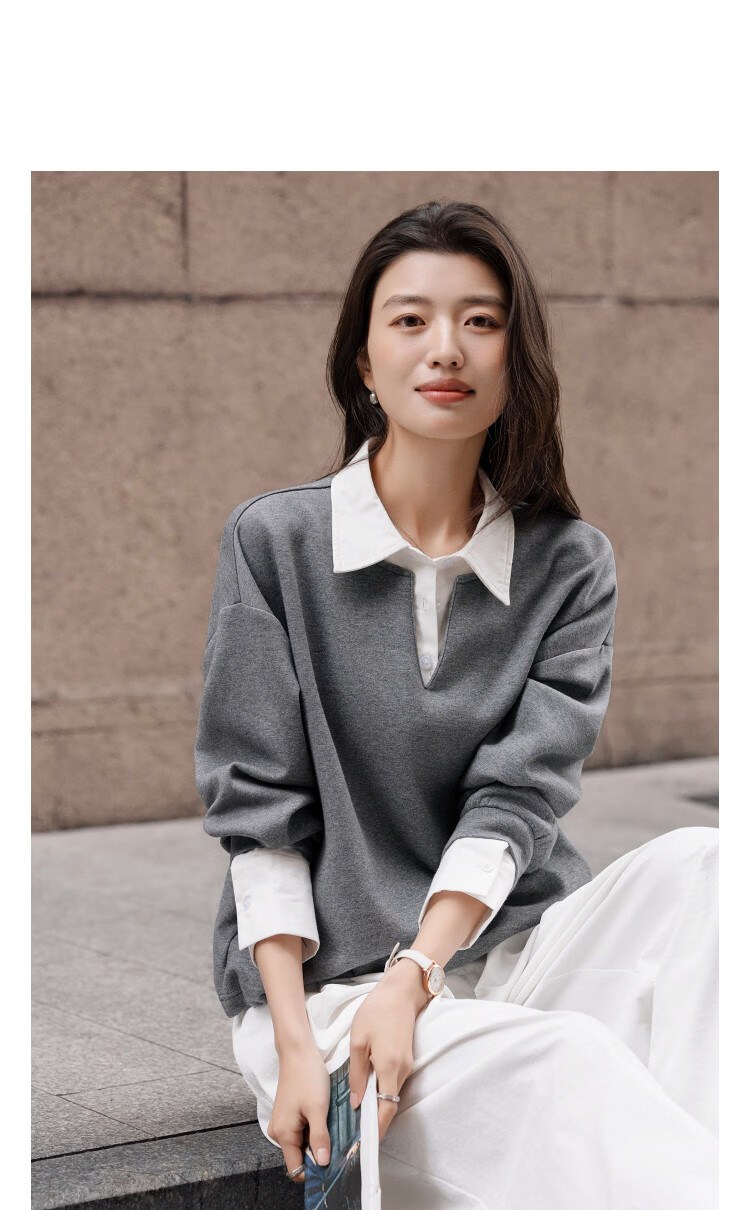 Demana [Comfort Elastic Air Layer] Spring Design Three-Button Spliced Fake Two-Piece Small Female Sweatshirt 10