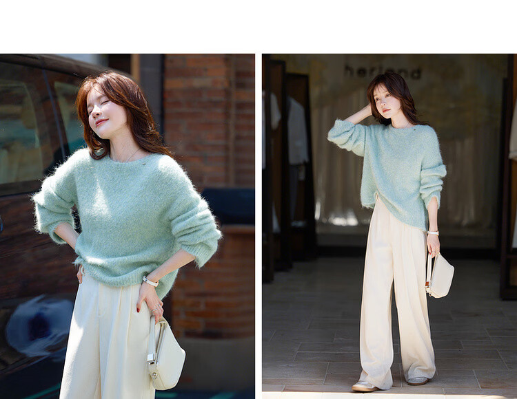 Demana Luxury Alpaca Wool Blend Winter Lazy Style Long Hair Crew Neck Soft Elegant Knit Sweater for Women 9