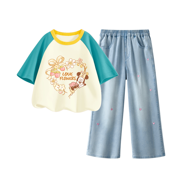 Disney Kids Fashion Set 2026 Summer New Stylish Korean Style Girls Denim Pants Outfit Sweet Girl Clothing