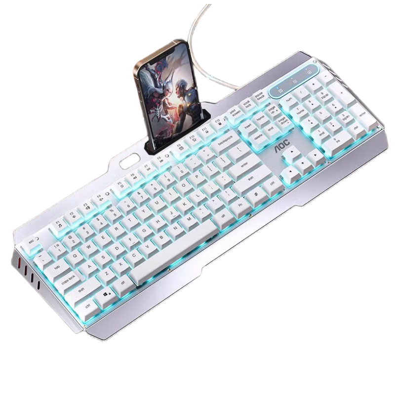 AOC KB122 Wired Keyboard, True Mechanical Feel, Backlit Lighting Effects, Gaming Keyboard for E-Sports, Suitable for Computer, Laptop, Office Use, White with Blue Light