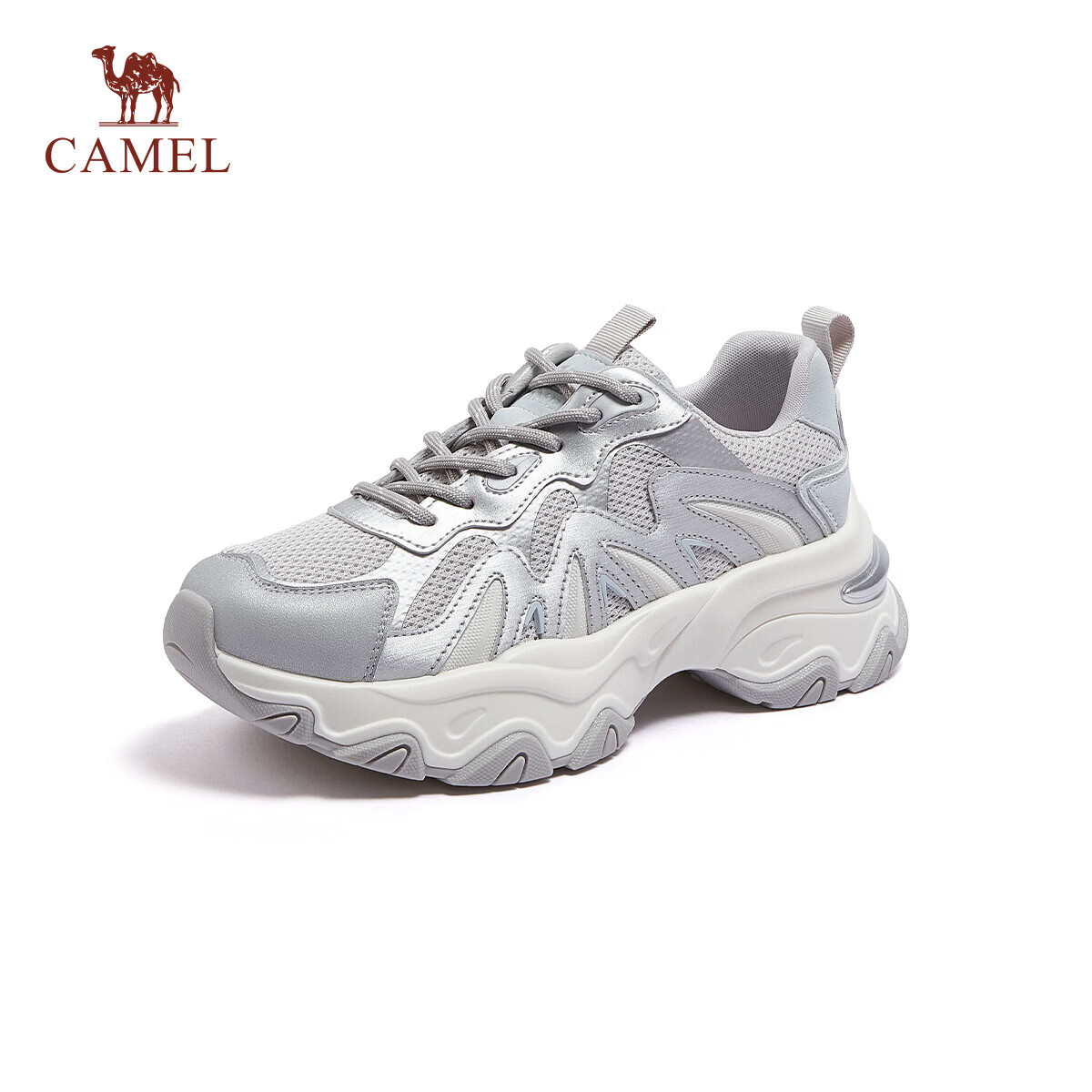 CAMEL Fishbone Shoes 2nd Generation Colorblock Dad Sneakers Thick Sole Sports Casual Shoes L26S283153 Silver Size 36