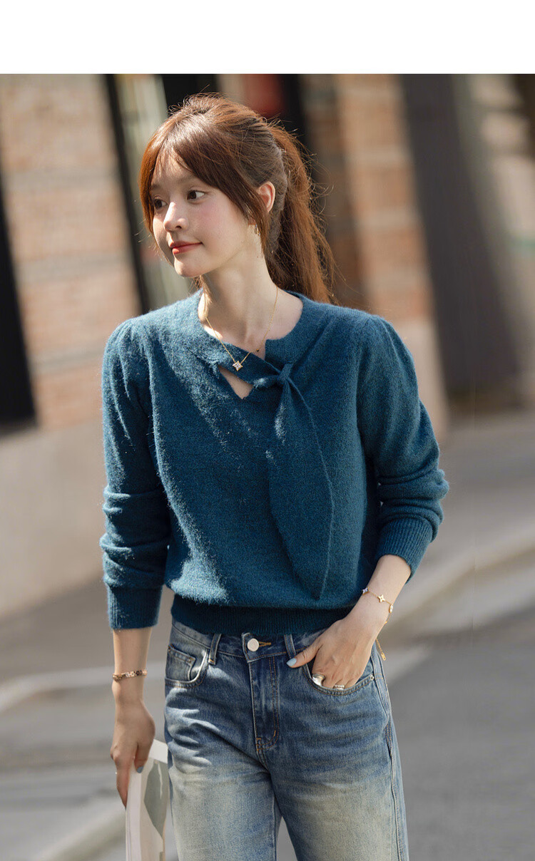MT Sea Breeze Poetry Winter Elegant Ribbon Round Neck Comfortable Lazy Petite Knit Sweater for Women 5