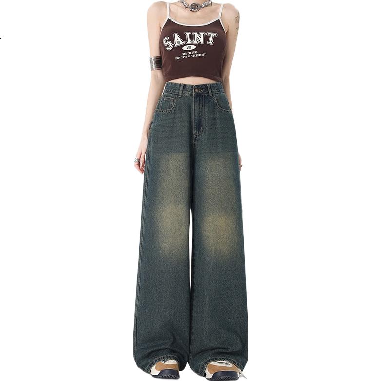Джинсы Jeanswest Женские, Осенние Винтажные, Утягивающие, Высокая Талия, Свободные, Повседневные Прямые Широкие Штаны, Ретро Синие 2XL