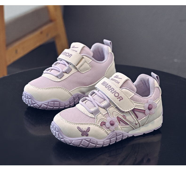 Warrior Kids Shoes 2026 Spring Autumn Children's Sports Shoes Outdoor Running Shoes for Older Children Girls Casual Shoes WZ-2092 Beige Purple Size 34 5