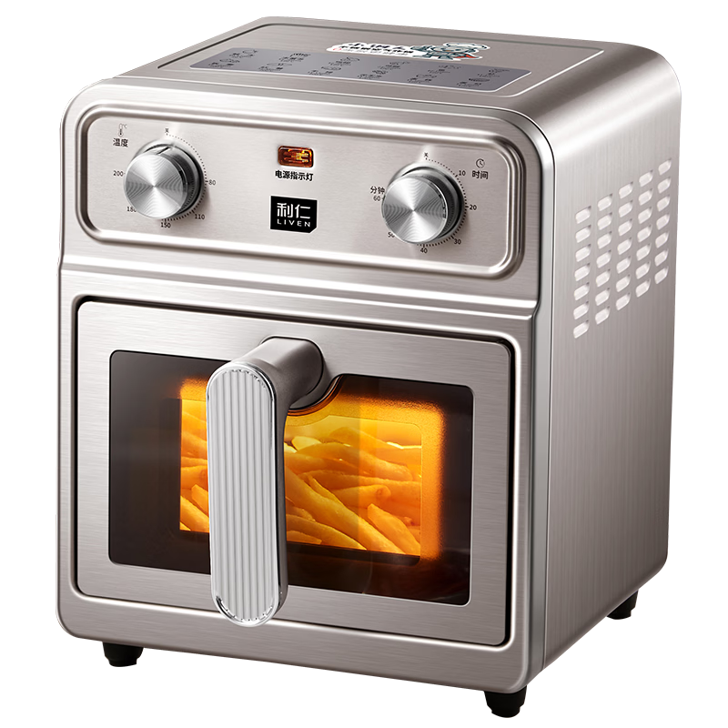 Liven Pro Adjustable Temperature Mini Steelman Air Fryer 6.5L Stainless Steel Interior and Exterior Non-Coated Visible Window Dual Heat Source No-Turn Oven Limited Time Half-Hour Discount