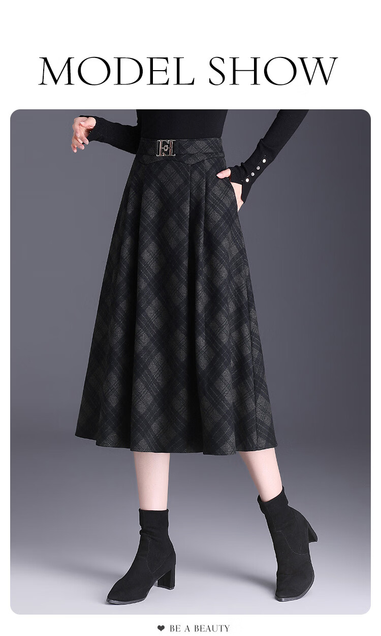 Bailuyu Elegant Vintage Plaid High-Waist Long A-Line Skirt Black Gray Check S 8