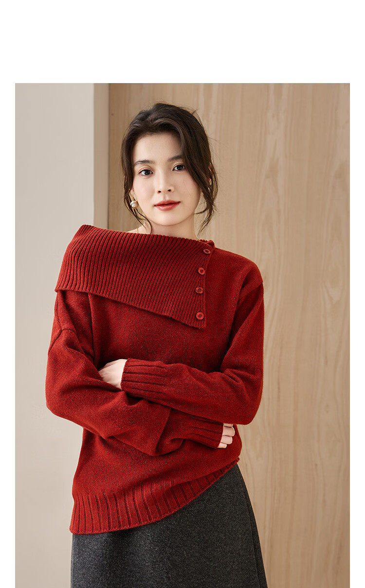 Demana Red Rose Nocturne Winter Vintage Elegant Asymmetric Neckline Slimming Knit Sweater for Women 11