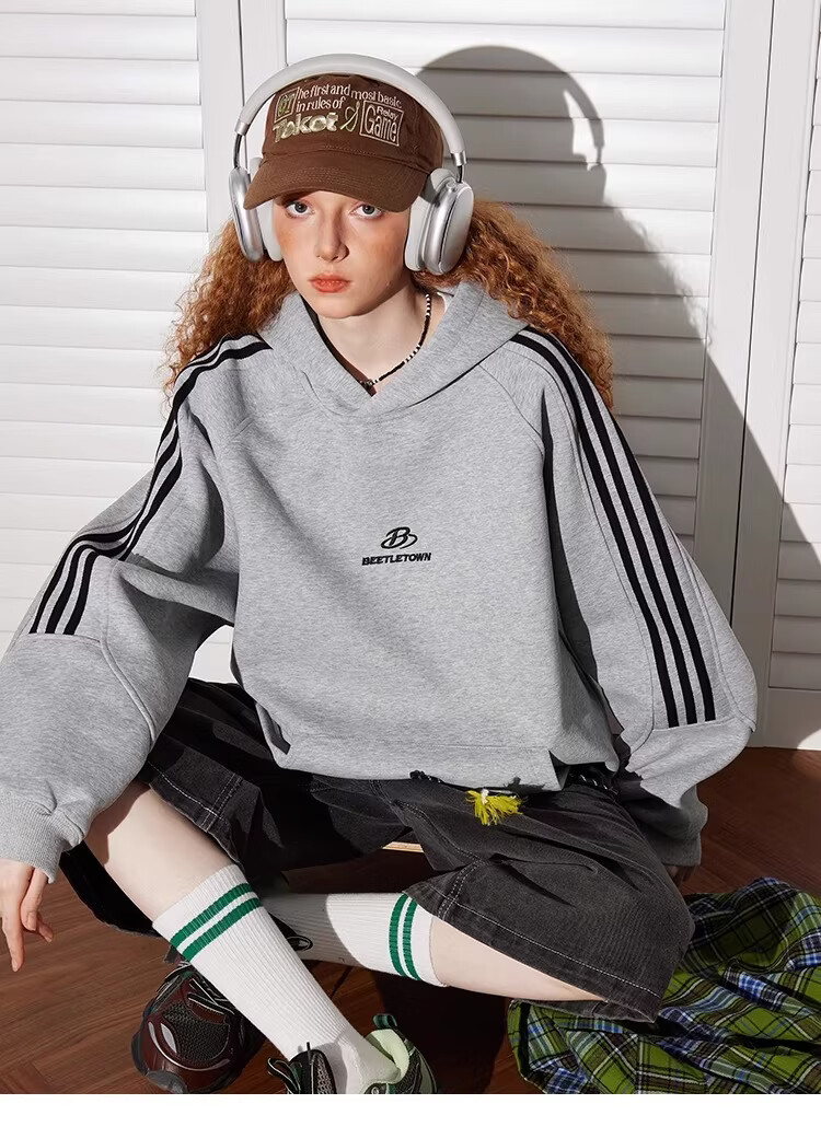 BEETLE TOWN American Style Striped Gray Raglan Sleeve Sweatshirt Women Spring New Versatile Couple Top Heather Gray M 22