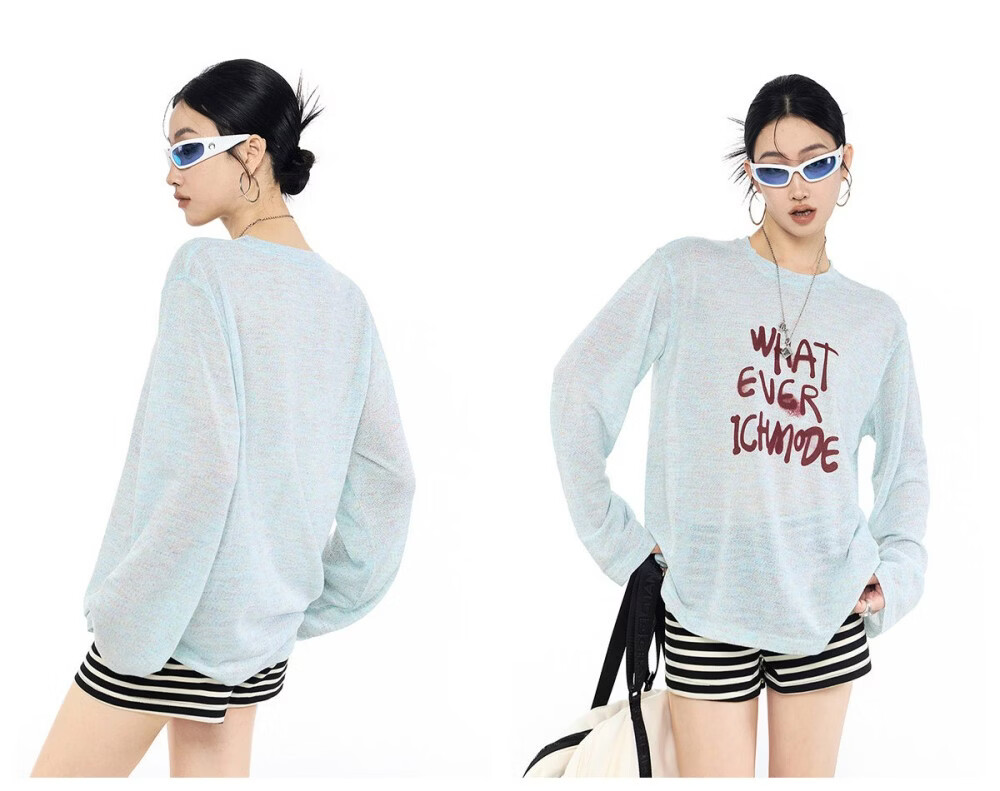 ICH MODE American Style Lightweight Long Sleeve T-Shirt Women 2026 New Spring Summer Physical Sun Protection Loose Top Blue M 11