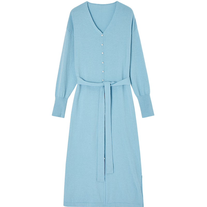 Demana Women's Spring Soft V-Neck Pearl Button Drop Shoulder Adjustable Waist Dress with Wool