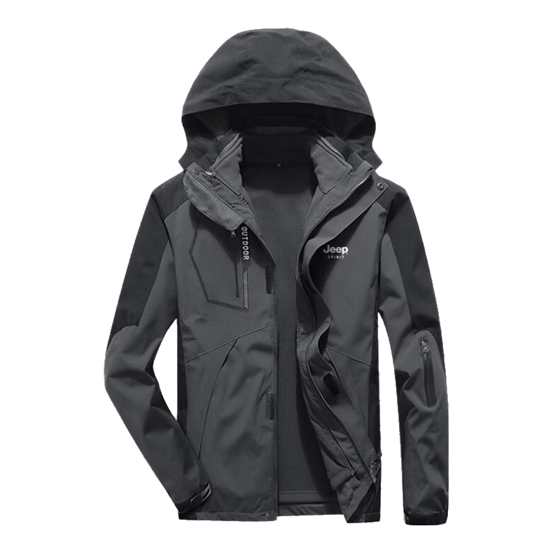 JEEP SPIRIT Men's Windbreaker Jacket, Autumn And Winter Coat, Three-In Outdoor Sports Loose-Fitting Menswear, Black-Gray, Size L
